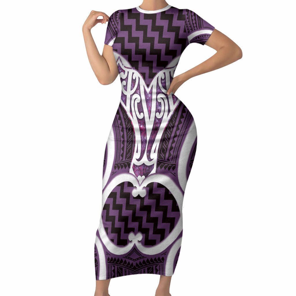Aotearoa Atua Tangaroa Personalised Short Sleeve Bodycon Dress God Of The Sea Maori Whale Tail Purple