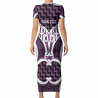Aotearoa Atua Tangaroa Personalised Short Sleeve Bodycon Dress God Of The Sea Maori Whale Tail Purple