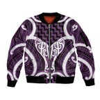 Aotearoa Atua Tangaroa Personalised Sleeve Zip Bomber Jacket God Of The Sea Maori Whale Tail Purple
