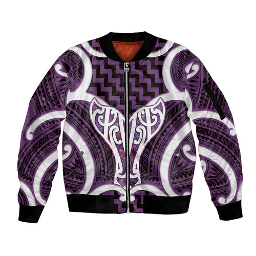 Aotearoa Atua Tangaroa Personalised Sleeve Zip Bomber Jacket God Of The Sea Maori Whale Tail Purple