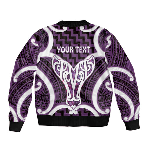 Aotearoa Atua Tangaroa Personalised Sleeve Zip Bomber Jacket God Of The Sea Maori Whale Tail Purple