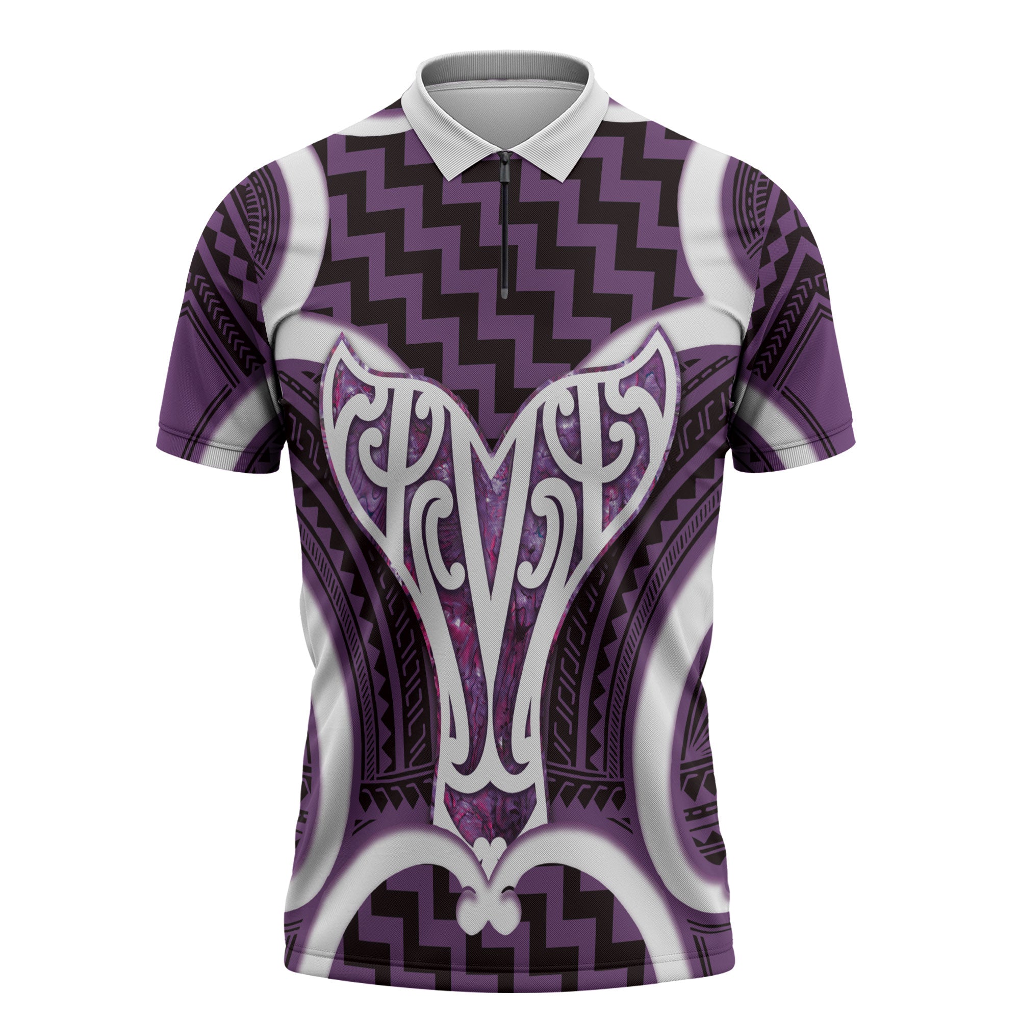 Aotearoa Atua Tangaroa Personalised Zipper Polo Shirt God Of The Sea Maori Whale Tail Purple