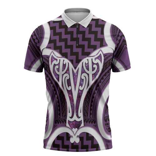 Aotearoa Atua Tangaroa Personalised Zipper Polo Shirt God Of The Sea Maori Whale Tail Purple
