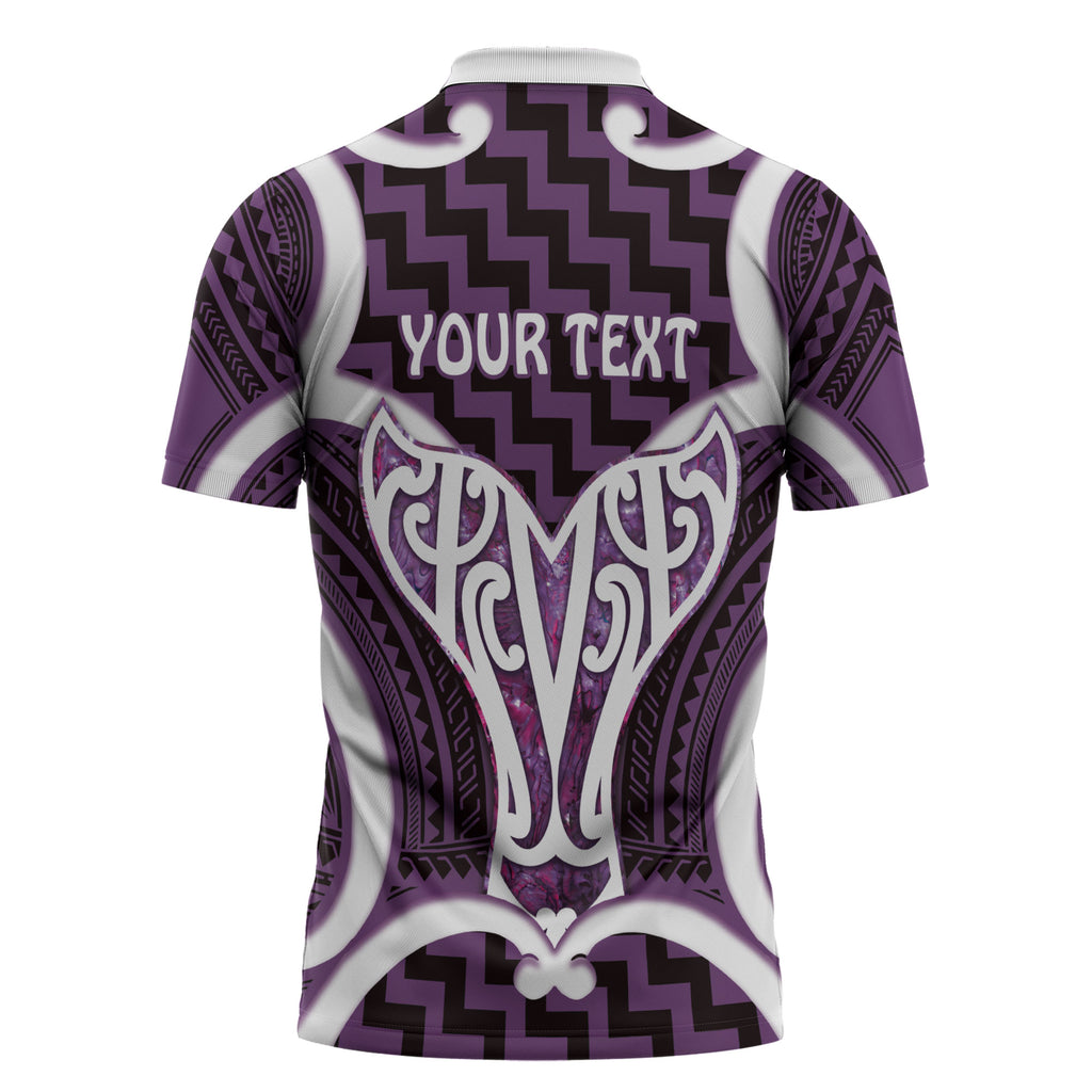 Aotearoa Atua Tangaroa Personalised Zipper Polo Shirt God Of The Sea Maori Whale Tail Purple