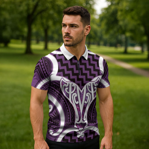 Aotearoa Atua Tangaroa Personalised Zipper Polo Shirt God Of The Sea Maori Whale Tail Purple