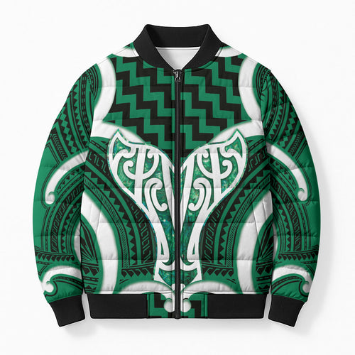 Aotearoa Atua Tangaroa Personalised Bomber Puffer Jacket God Of The Sea Maori Whale Tail Green