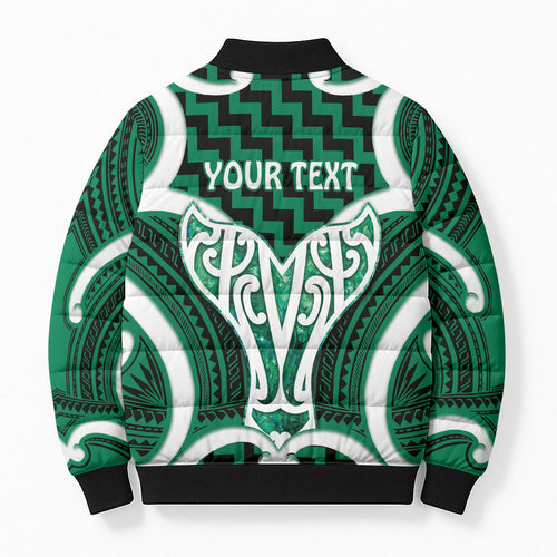 Aotearoa Atua Tangaroa Personalised Bomber Puffer Jacket God Of The Sea Maori Whale Tail Green