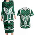Aotearoa Atua Tangaroa Personalised Couples Matching Long Sleeve Bodycon Dress and Hawaiian Shirt God Of The Sea Maori Whale Tail Green
