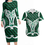 Aotearoa Atua Tangaroa Personalised Couples Matching Long Sleeve Bodycon Dress and Hawaiian Shirt God Of The Sea Maori Whale Tail Green