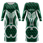 Aotearoa Atua Tangaroa Personalised Couples Matching Long Sleeve Bodycon Dress and Hawaiian Shirt God Of The Sea Maori Whale Tail Green