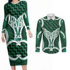 Aotearoa Atua Tangaroa Personalised Couples Matching Long Sleeve Bodycon Dress and Long Sleeve Button Shirt God Of The Sea Maori Whale Tail Green