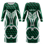 Aotearoa Atua Tangaroa Personalised Couples Matching Long Sleeve Bodycon Dress and Long Sleeve Button Shirt God Of The Sea Maori Whale Tail Green