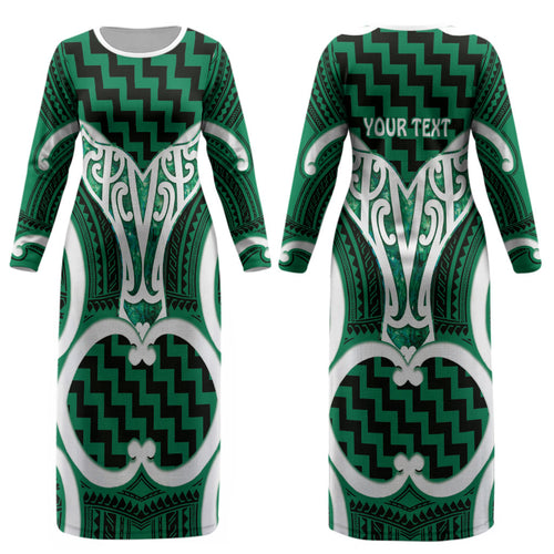 Aotearoa Atua Tangaroa Personalised Couples Matching Long Sleeve Bodycon Dress and Long Sleeve Button Shirt God Of The Sea Maori Whale Tail Green