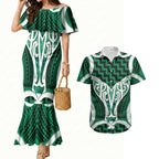 Aotearoa Atua Tangaroa Personalised Couples Matching Mermaid Dress and Hawaiian Shirt God Of The Sea Maori Whale Tail Green