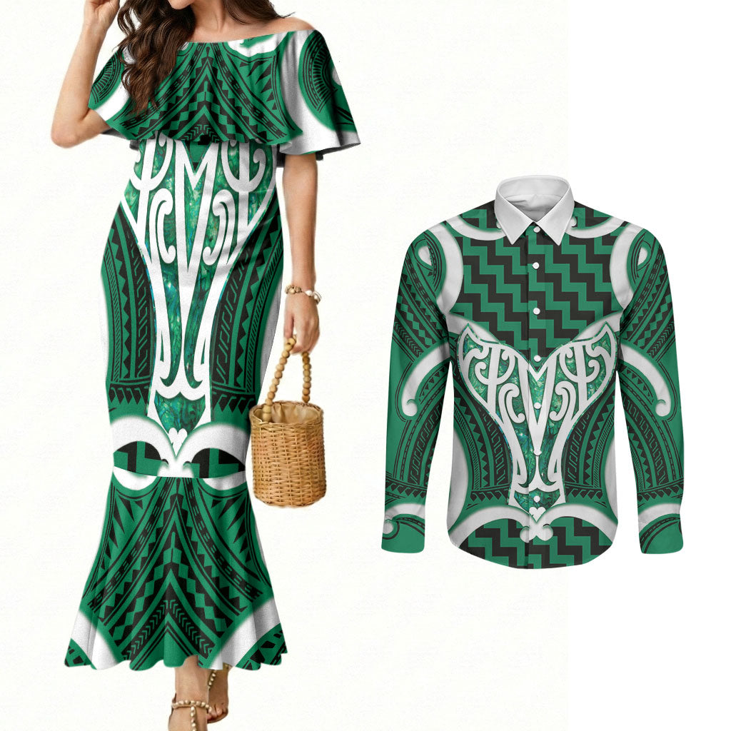 Aotearoa Atua Tangaroa Personalised Couples Matching Mermaid Dress and Long Sleeve Button Shirt God Of The Sea Maori Whale Tail Green