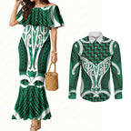 Aotearoa Atua Tangaroa Personalised Couples Matching Mermaid Dress and Long Sleeve Button Shirt God Of The Sea Maori Whale Tail Green