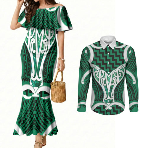 Aotearoa Atua Tangaroa Personalised Couples Matching Mermaid Dress and Long Sleeve Button Shirt God Of The Sea Maori Whale Tail Green