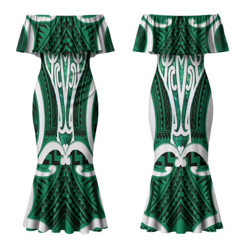Aotearoa Atua Tangaroa Personalised Couples Matching Mermaid Dress and Long Sleeve Button Shirt God Of The Sea Maori Whale Tail Green