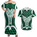 Aotearoa Atua Tangaroa Personalised Couples Matching Off Shoulder Maxi Dress and Hawaiian Shirt God Of The Sea Maori Whale Tail Green
