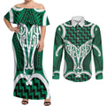 Aotearoa Atua Tangaroa Personalised Couples Matching Off Shoulder Maxi Dress and Long Sleeve Button Shirt God Of The Sea Maori Whale Tail Green