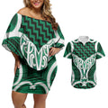 Aotearoa Atua Tangaroa Personalised Couples Matching Off Shoulder Short Dress and Hawaiian Shirt God Of The Sea Maori Whale Tail Green