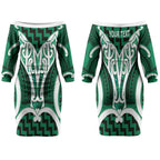Aotearoa Atua Tangaroa Personalised Couples Matching Off The Shoulder Long Sleeve Dress and Long Sleeve Button Shirt God Of The Sea Maori Whale Tail Green