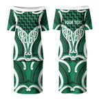 Aotearoa Atua Tangaroa Personalised Couples Matching Puletasi and Long Sleeve Button Shirt God Of The Sea Maori Whale Tail Green