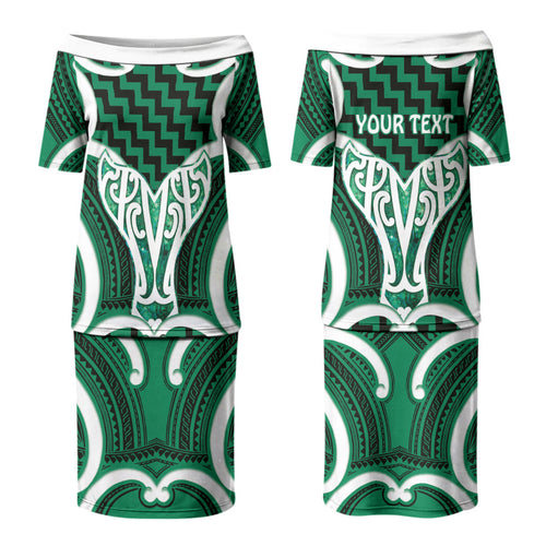 Aotearoa Atua Tangaroa Personalised Couples Matching Puletasi and Long Sleeve Button Shirt God Of The Sea Maori Whale Tail Green
