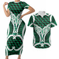 Aotearoa Atua Tangaroa Personalised Couples Matching Short Sleeve Bodycon Dress and Hawaiian Shirt God Of The Sea Maori Whale Tail Green