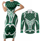 Aotearoa Atua Tangaroa Personalised Couples Matching Short Sleeve Bodycon Dress and Long Sleeve Button Shirt God Of The Sea Maori Whale Tail Green