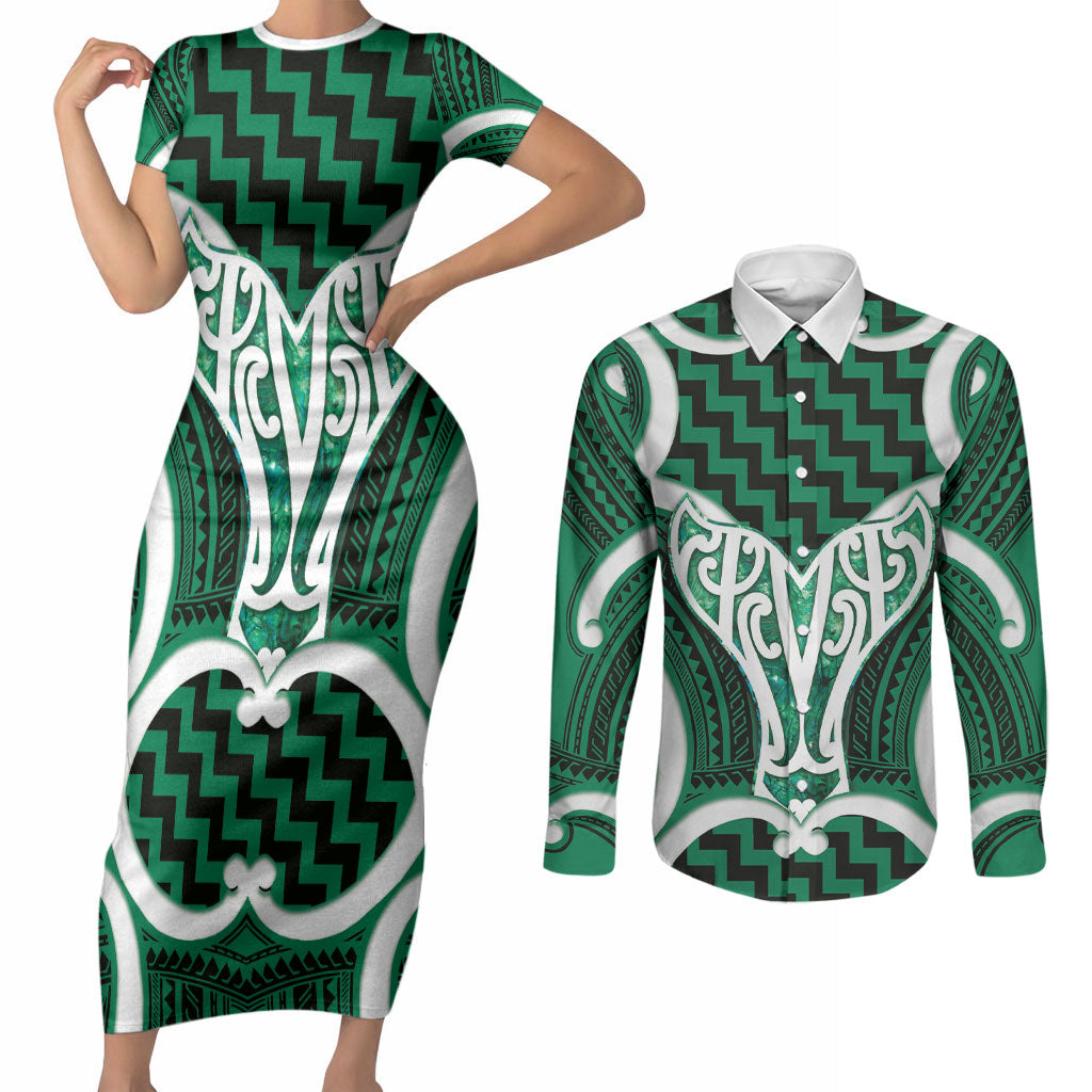 Aotearoa Atua Tangaroa Personalised Couples Matching Short Sleeve Bodycon Dress and Long Sleeve Button Shirt God Of The Sea Maori Whale Tail Green