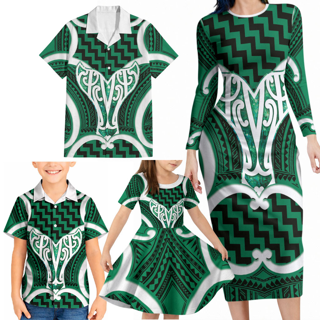 Aotearoa Atua Tangaroa Personalised Family Matching Long Sleeve Bodycon Dress and Hawaiian Shirt God Of The Sea Maori Whale Tail Green