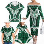 Aotearoa Atua Tangaroa Personalised Family Matching Off The Shoulder Long Sleeve Dress and Hawaiian Shirt God Of The Sea Maori Whale Tail Green