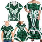 Aotearoa Atua Tangaroa Personalised Family Matching Off Shoulder Maxi Dress and Hawaiian Shirt God Of The Sea Maori Whale Tail Green