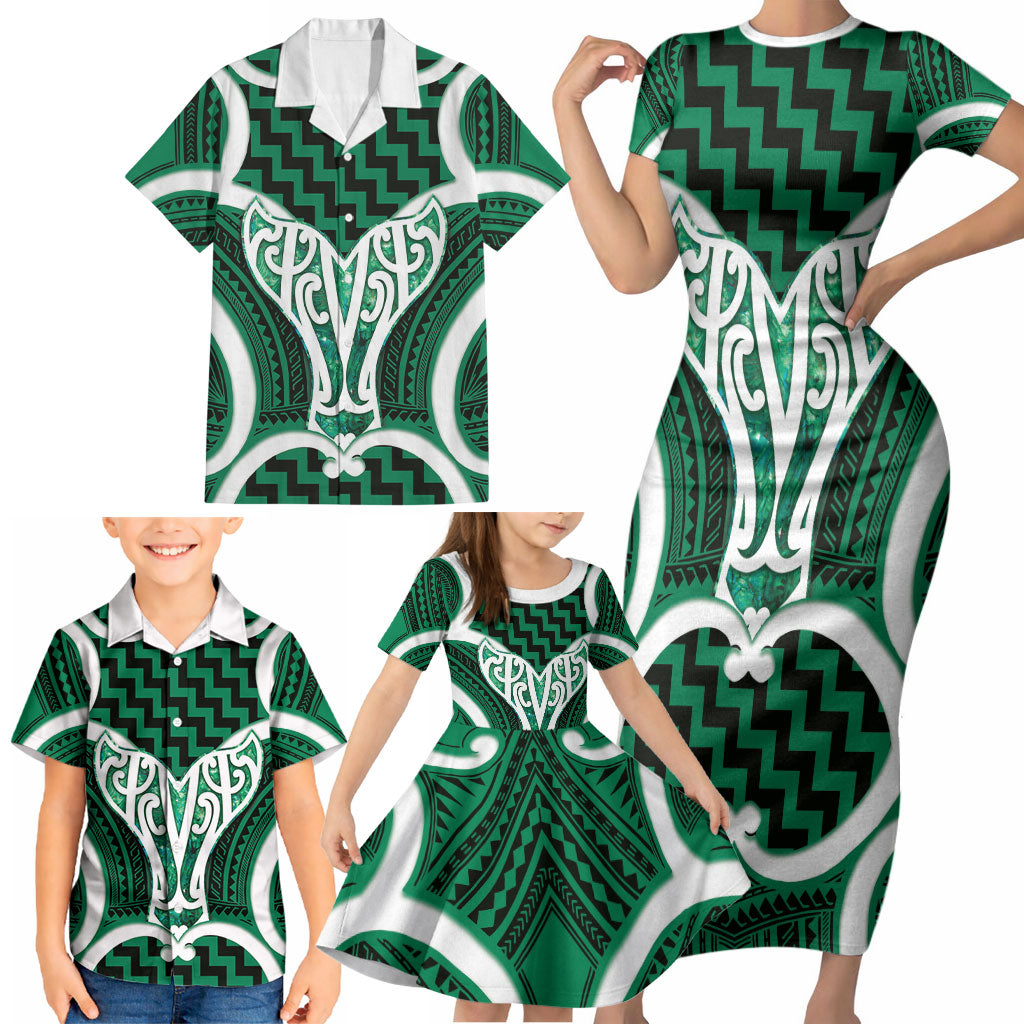 Aotearoa Atua Tangaroa Personalised Family Matching Short Sleeve Bodycon Dress and Hawaiian Shirt God Of The Sea Maori Whale Tail Green