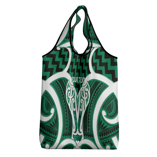 Aotearoa Atua Tangaroa Personalised Grocery Bag God Of The Sea Maori Whale Tail Green