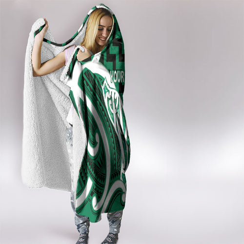 Aotearoa Atua Tangaroa Personalised Hooded Blanket God Of The Sea Maori Whale Tail Green