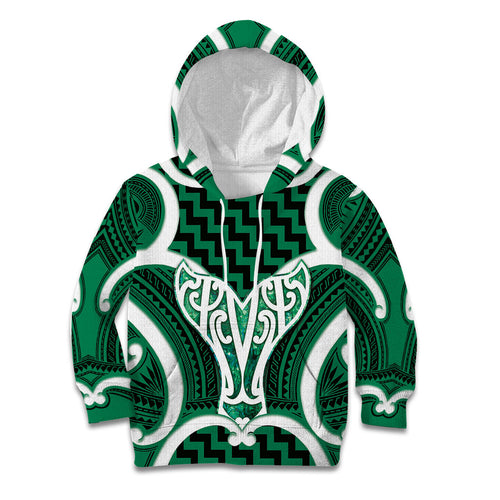 Aotearoa Atua Tangaroa Personalised Kid Hoodie God Of The Sea Maori Whale Tail Green