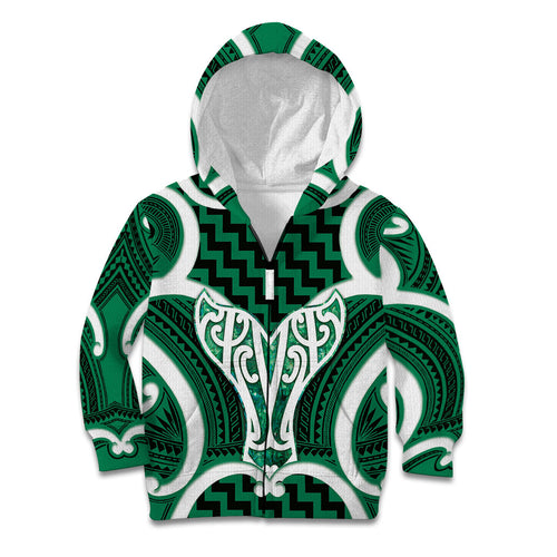 Aotearoa Atua Tangaroa Personalised Kid Hoodie God Of The Sea Maori Whale Tail Green