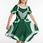 Aotearoa Atua Tangaroa Personalised Kid Short Sleeve Dress God Of The Sea Maori Whale Tail Green