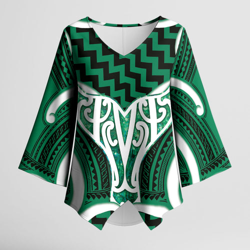 Aotearoa Atua Tangaroa Personalised Kimono Sleeve Blouse God Of The Sea Maori Whale Tail Green