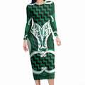 Aotearoa Atua Tangaroa Personalised Long Sleeve Bodycon Dress God Of The Sea Maori Whale Tail Green