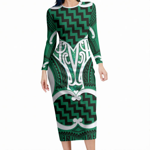 Aotearoa Atua Tangaroa Personalised Long Sleeve Bodycon Dress God Of The Sea Maori Whale Tail Green
