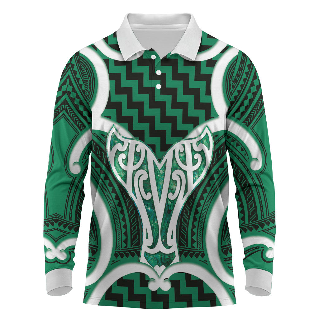 Aotearoa Atua Tangaroa Personalised Long Sleeve Polo Shirt God Of The Sea Maori Whale Tail Green