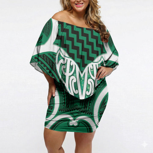 Aotearoa Atua Tangaroa Personalised Off Shoulder Short Dress God Of The Sea Maori Whale Tail Green