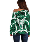 Aotearoa Atua Tangaroa Personalised Off Shoulder Sweater God Of The Sea Maori Whale Tail Green