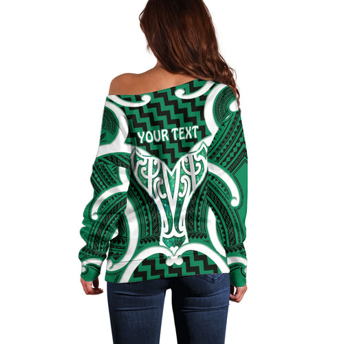 Aotearoa Atua Tangaroa Personalised Off Shoulder Sweater God Of The Sea Maori Whale Tail Green