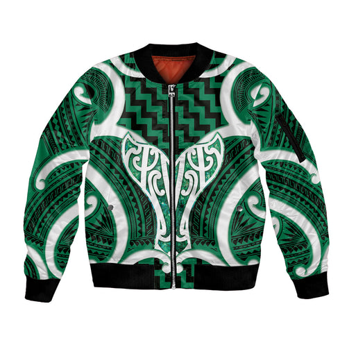 Aotearoa Atua Tangaroa Personalised Sleeve Zip Bomber Jacket God Of The Sea Maori Whale Tail Green