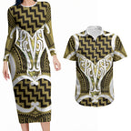 Aotearoa Atua Tangaroa Personalised Couples Matching Long Sleeve Bodycon Dress and Hawaiian Shirt God Of The Sea Maori Whale Tail Yellow