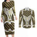 Aotearoa Atua Tangaroa Personalised Couples Matching Long Sleeve Bodycon Dress and Long Sleeve Button Shirt God Of The Sea Maori Whale Tail Yellow